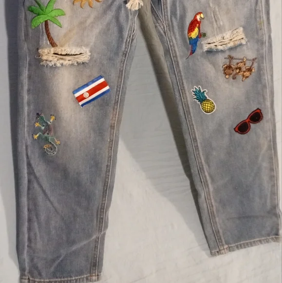 Really Cute Embroidered Patches On Denim Joggers with Drawstring - Picture 3 of 13
